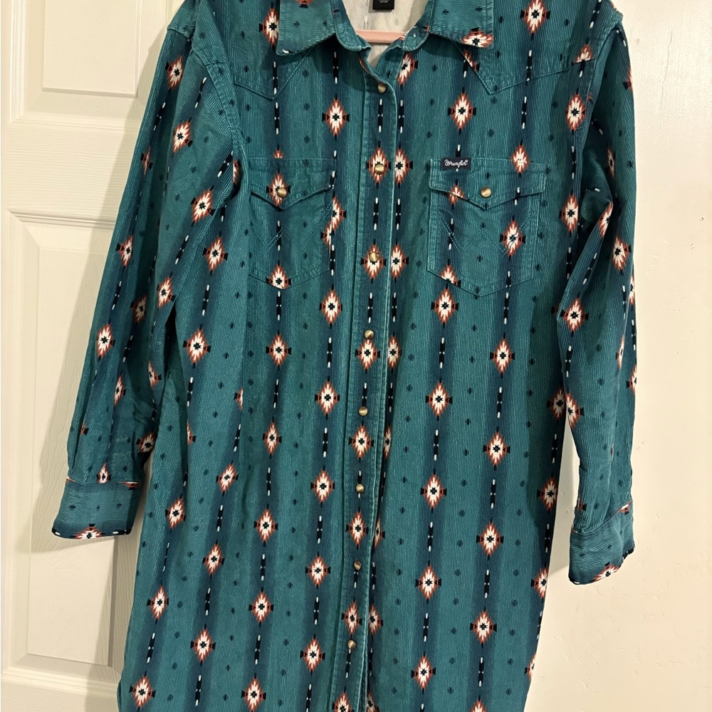 Wrangler Teal Patterned Midi Dress with White and Coral Accents